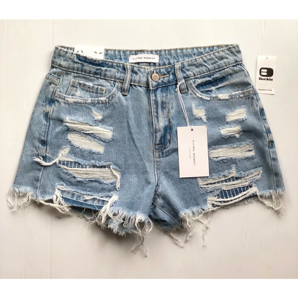 Flying monkey Womens Destruct Denim High Rise Frayed Hem Shorts Size 25, 27 - Picture 12 of 12
